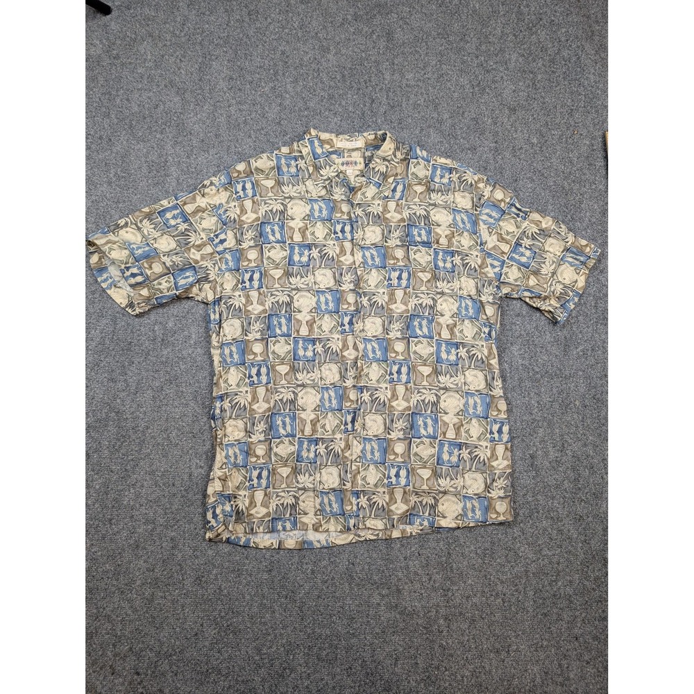 Campia Moda Shirt Mens Large Blue Tan Rayon Hawaiian Aloha Button Front Tropical